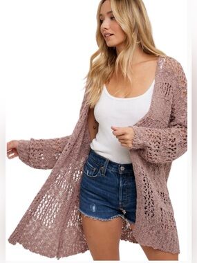 🍒BOGO50%🍒🆕🌿KYE MI: TAUPE Open Knit Cardigan SMALL